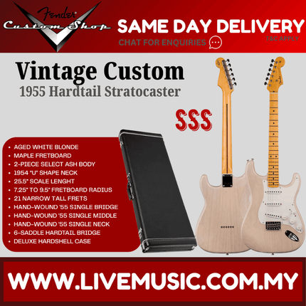 Fender Custom Shop Vintage Custom 1955 Hardtail Stratocaster Electric Guitar, Aged White Blonde