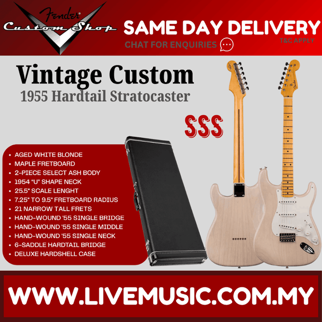 Fender Custom Shop Vintage Custom 1955 Hardtail Stratocaster Electric Guitar, Aged White Blonde