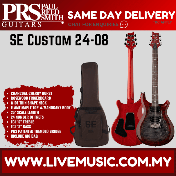PRS SE Custom 24-08 Electric Guitar w/GigBag, Rosewood, Charcoal Cherry Burst