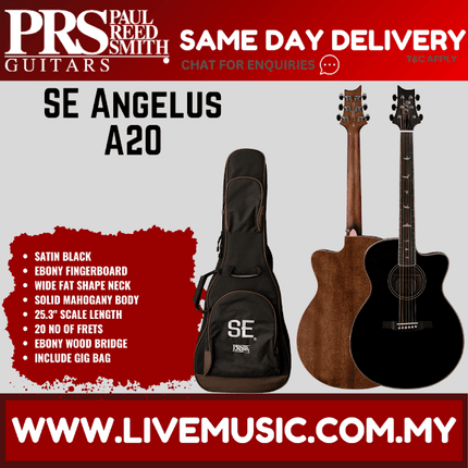 PRS SE A20 Angelus Acoustic Guitar w/Black Top & Bag, Satin Black