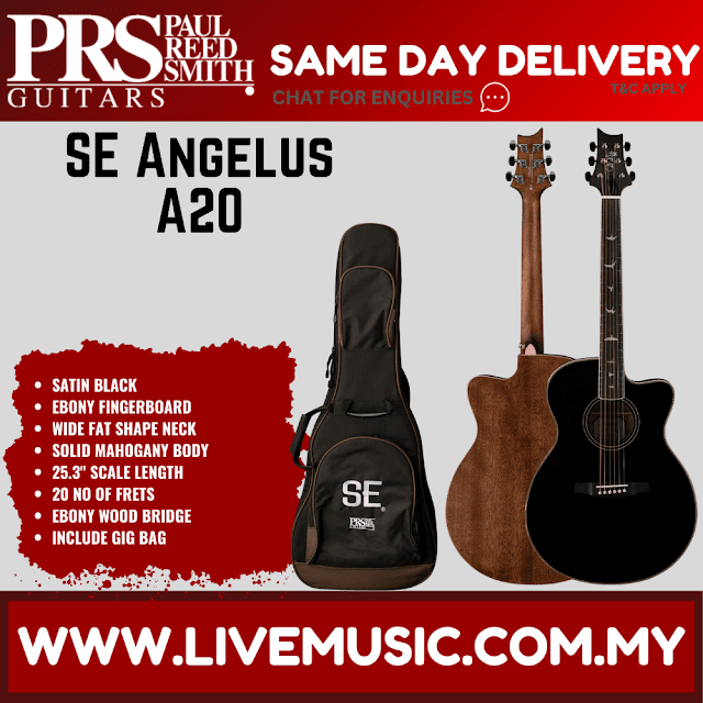 PRS SE A20 Angelus Acoustic Guitar w/Black Top & Bag, Satin Black