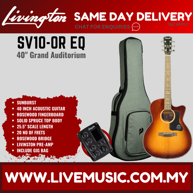 Livingston SV10-EQ Solid Top Grand Auditorium Acoustic-Electric Guitar, RW FB, w/Bag - Natural / Orange ( SV 10 SV-10 )