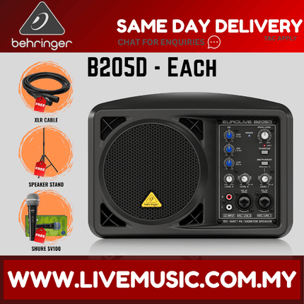 Behringer Eurolive B205D 150W 5.25" Powered Monitor Speaker w/Shure SV100 Vocal Microphone, Stand, Cable - Each ( B-205D / B 205D )