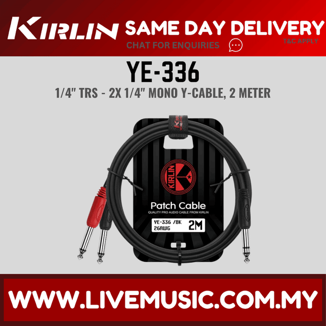 Kirlin YE-336 1/4" TRS to Dual 1/4" Mono Plug Entry Y-Cable Patch Cable - 2 Meter Black (YE336/YE 336)