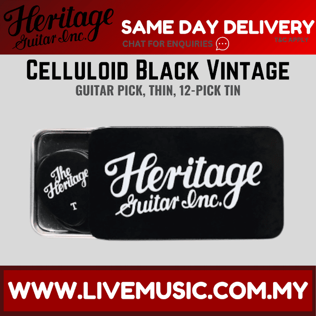 Heritage Celluloid Black Vintage Guitar Pick, Thin, 12-Pick Tin