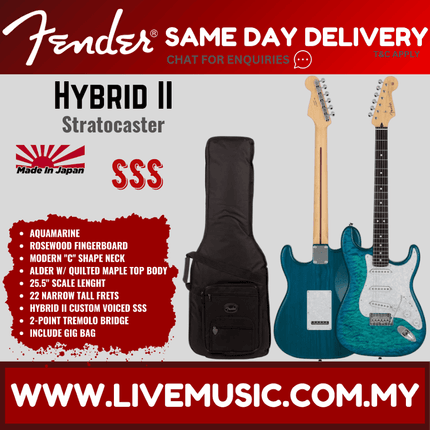 Fender Japan Hybrid II Ltd Ed Stratocaster Electric Guitar w/Quilt Maple Top, RW FB, Aquamarine