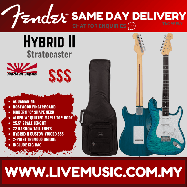 Fender Japan Hybrid II Ltd Ed Stratocaster Electric Guitar w/Quilt Maple Top, RW FB, Aquamarine