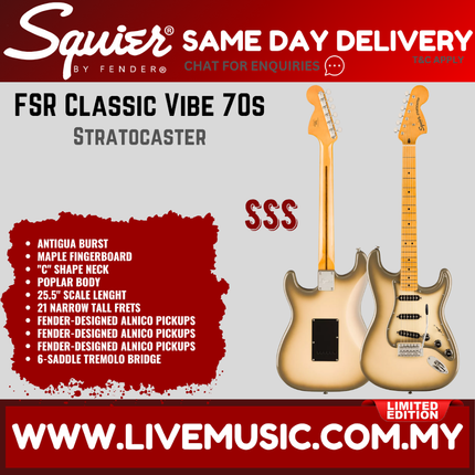 Squier FSR Classic Vibe 70s Stratocaster Electric Guitar w/Black Pickguard, Antigua Burst
