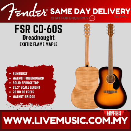 Fender FSR CD-60S Exotic Flame Maple Dreadnought Acoustic Guitar, Sunburst （ CD 60S / CD60S )