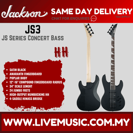 Jackson JS Series JS3 Concert Bass Guitar, Amaranth Fretboard - Satin Black (JS-3/JS 3)