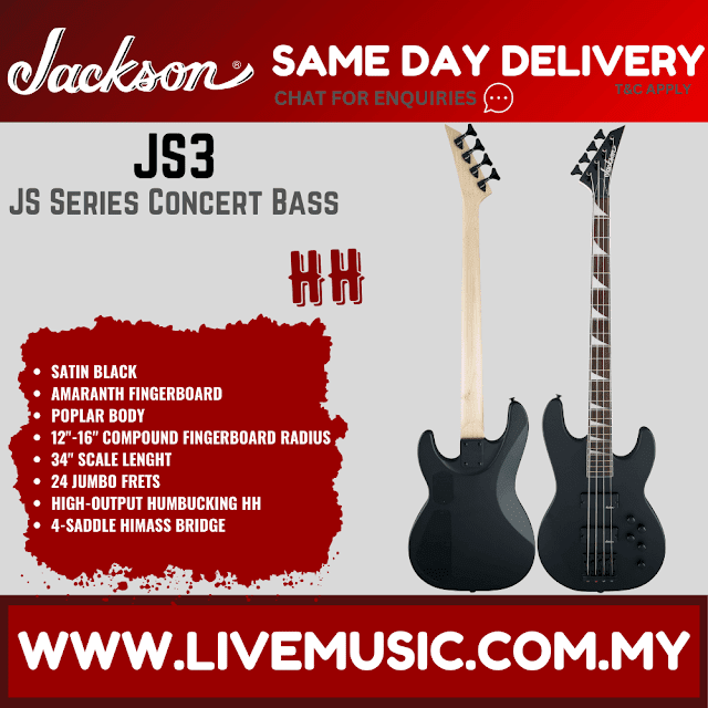 Jackson JS Series JS3 Concert Bass Guitar, Amaranth Fretboard - Satin Black (JS-3/JS 3)