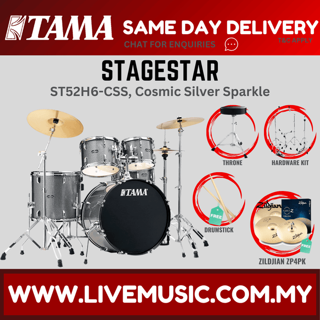 5-piece drum set in Cosmic Silver Sparkle with gold cymbals, drumsticks, and throne