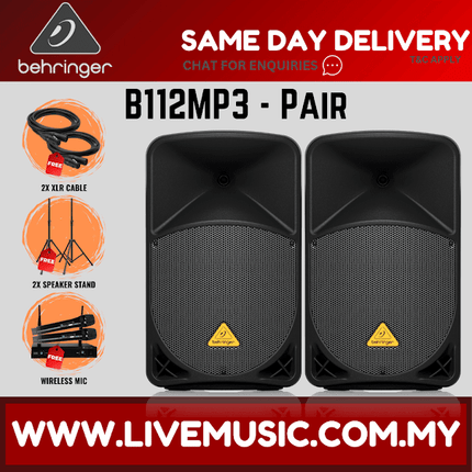 Behringer Eurolive B112MP3 1000W 12" Powered Speaker w/UG-88HH Wireless Mic, Speaker Stand and Cable - Pair ( B-112MP3 / B 112MP3 )