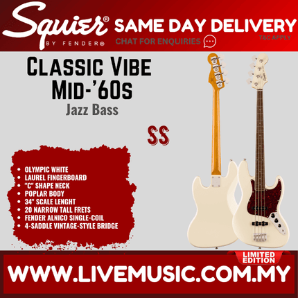 Squier Limited Edition Classic Vibe 60s Mid-60s Jazz Bass Guitar, Laurel FB, Olympic White
