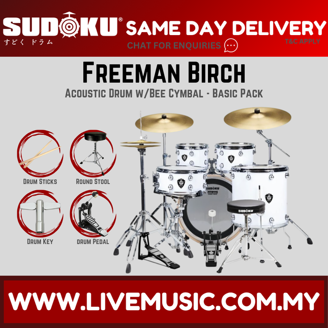 Sudoku Freeman Birch Acoustic Drum Set Adult Drum With Accessories - Clear White