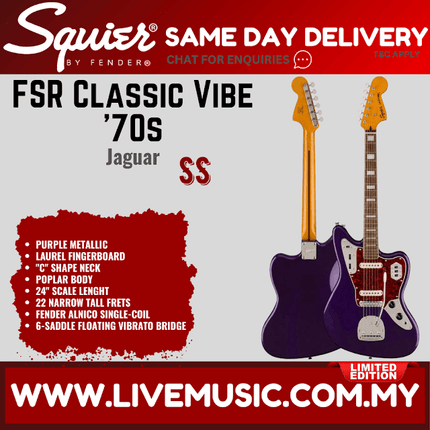 Squier FSR Classic Vibe 70s Jaguar Electric Guitar, Laurel FB, Purple Metallic