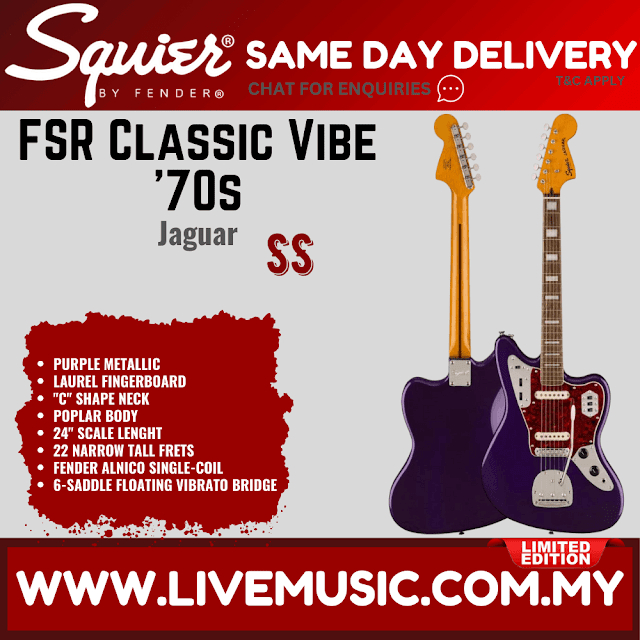 Squier FSR Classic Vibe 70s Jaguar Electric Guitar, Laurel FB, Purple Metallic