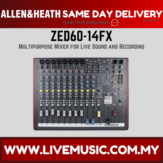 Allen & Heath ZED60-14FX audio mixer with USB/effects, front panel knobs and faders