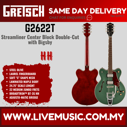 Olive electric guitar with dual pickups, center block, and double-cut body