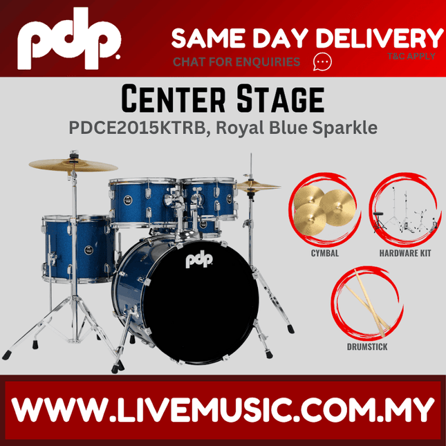 PDP Center Stage 5-piece Complete Drum Set with Hardware, Stool and Cymbal - Royal Blue Sparkle ( PDCE2015KT )