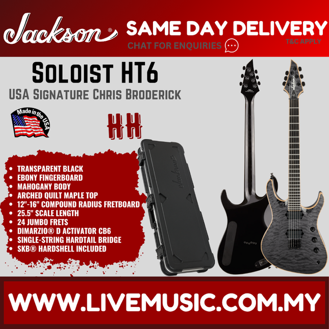 Jackson USA Signature Chris Broderick Soloist HT6 Electric Guitar, Ebony FB, Transparent Black