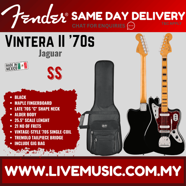 Fender Vintera II 70s Jaguar Electric Guitar, Maple FB, Black