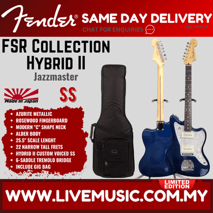 Fender Japan FSR Collection Hybrid II Jazzmaster Electric Guitar, RW Fretboard - Azurite Metallic/Trans Black