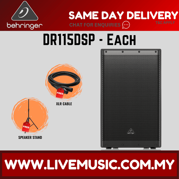 Behringer DR115DSP 1400W 15" Powered Speaker with Bluetooth w/Shure SV100 Vocal Microphone, Speaker Stand And Cable - Each ( DR-115DSP / DR 115DSP )