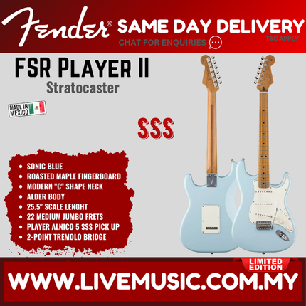 Fender FSR Player II Stratocaster Electric Guitar, Roasted Maple FB, Sonic Blue
