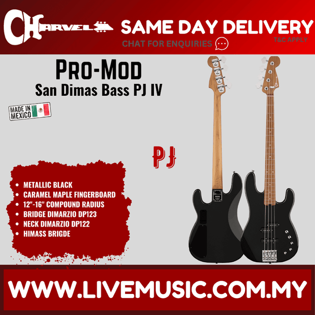 Charvel Pro-Mod San Dimas Bass PJ IV Electric Bass Guitar, Maple FB, Metallic Black