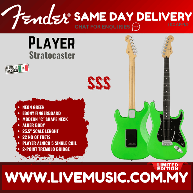 Fender Limited Edition Player Stratocaster Electric Guitar, Ebony FB, Neon Green