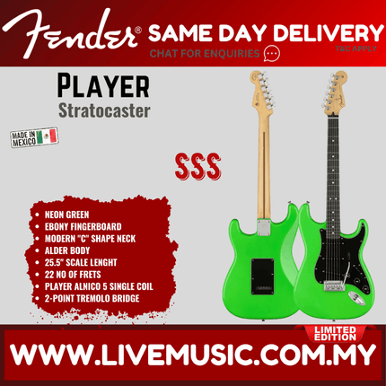 Fender Limited Edition Player Stratocaster Electric Guitar, Ebony FB, Neon Green