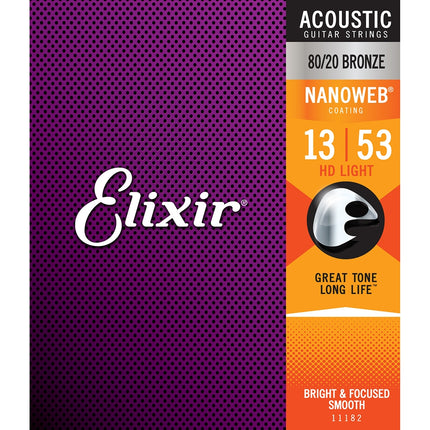 Elixir 11182 Nanoweb 80/20 Bronze Acoustic Guitar Strings (13-53)