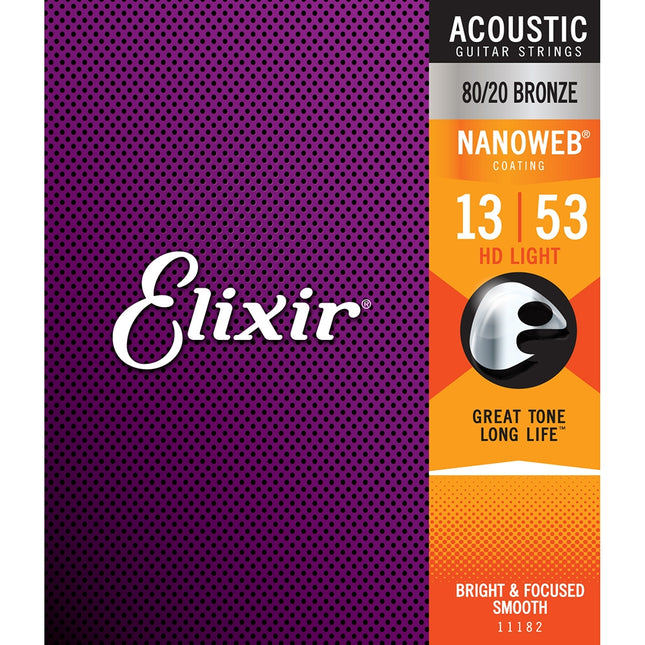 Elixir 11182 Nanoweb 80/20 Bronze Acoustic Guitar Strings (13-53)