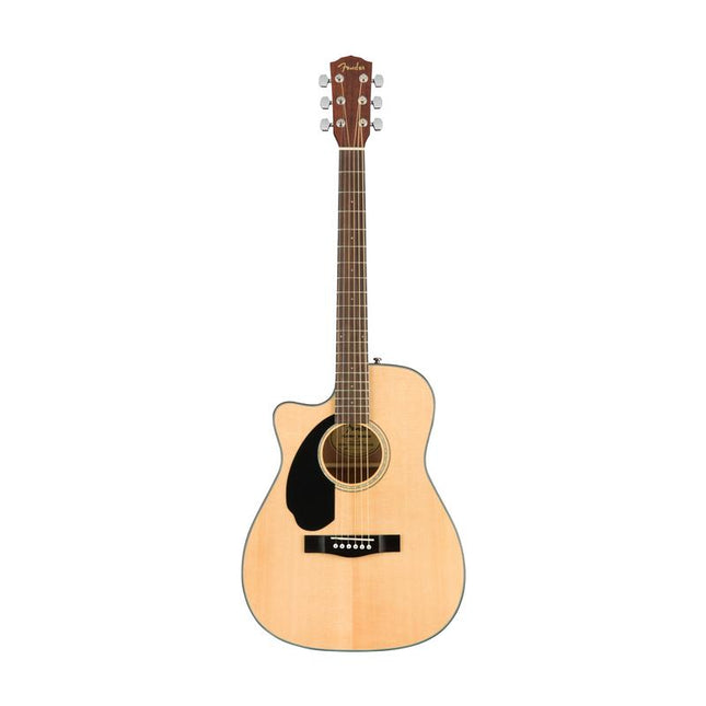 Left-handed acoustic-electric guitar with cutaway, natural body and dark fretboard
