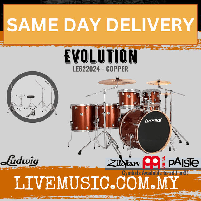 Ludwig LE622010 / LE622024 / LE622018 / LE622028 Evolution 6-Piece Drum Kit w/Hardware, Cherry /Copper / Mint / Platinum