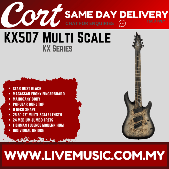 CORT KX507MS-SDB 7 String Mahogany Body Macassar Ebony Electric Guitar With Bag - Star Dust Black ( KX507MSSDB / KX507 MS SDB )