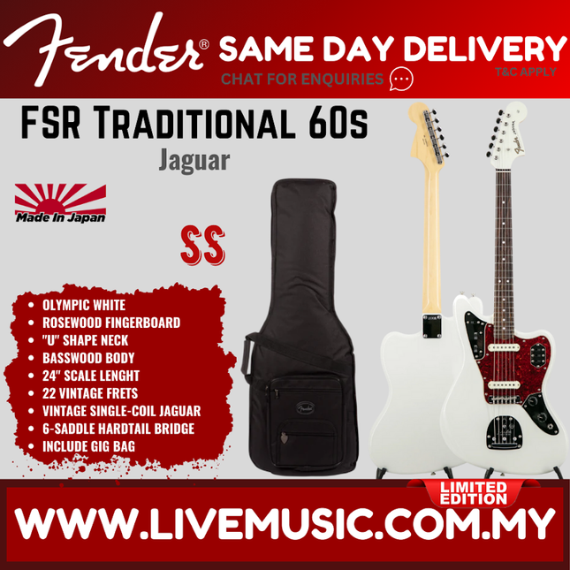 Fender FSR Traditional 60s Jaguar Electric Guitar, RW FB, Olympic White