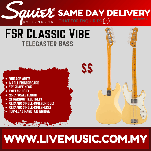 Squier FSR Classic Vibe Telecaster Bass Guitar, Maple FB, Vintage White