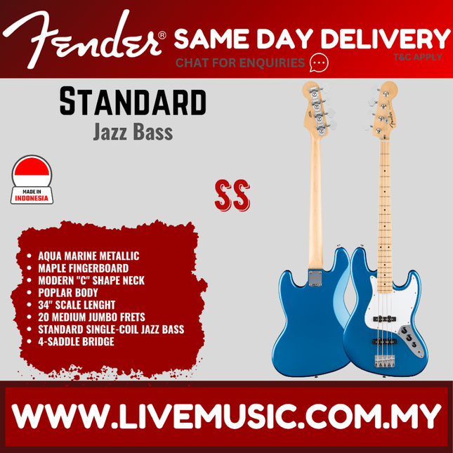 Fender Standard Jazz Bass Guitar w/White Pickguard, Maple FB, Aqua Marine Metallic / Black