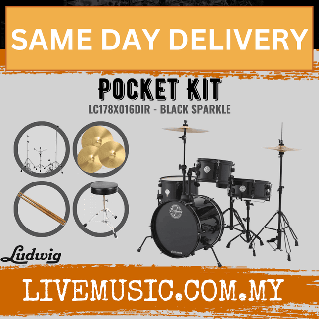 Ludwig LC178X016DIR Pocket Kit 4-Piece Drum Kit with Hardware and Cymbals - Black Sparkle (LC178X 016DIR)
