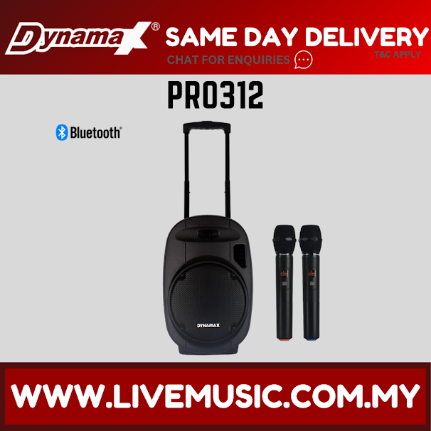 Portable active PA speaker with two UHF handheld microphones, black, on floor stand