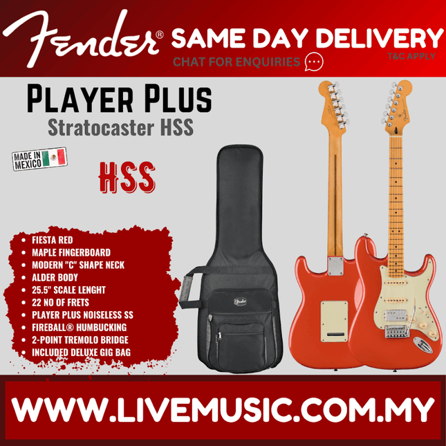 Fender Player Plus Stratocaster HSS Electric Guitar, Maple FB, Fiesta Red