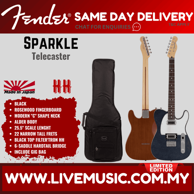 Fender Japan Ltd Ed Sparkle Telecaster Electric Guitar, RW FB, Blue / Black / Silver