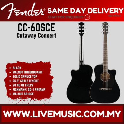 Fender CC-60SCE Concert Acoustic-Electric Guitar, Walnut Fretboard - Black / Natural (CC60SCE/CC 60SCE)