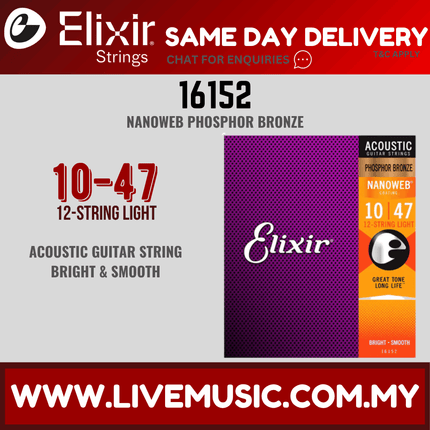 Elixir 16152 Nanoweb Phosphor Bronze Acoustic Guitar Strings, 12-String Light, 10-47