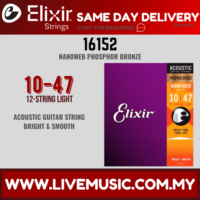 Elixir 16152 Nanoweb Phosphor Bronze Acoustic Guitar Strings, 12-String Light, 10-47