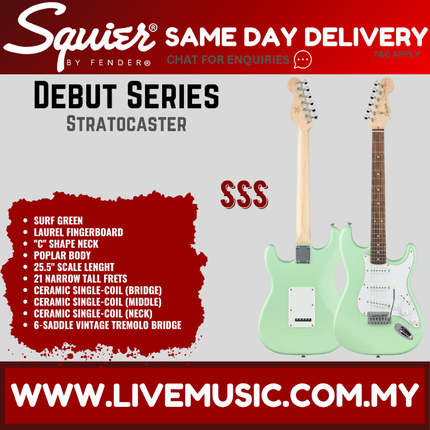 Squier Debut Series Stratocaster Electric Guitar, Laurel FB, Surf Green