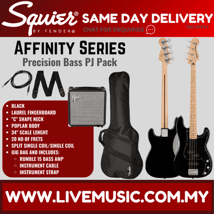 Squier Affinity Series PJ Bass Guitar Pack with Rumble 15 , Maple Fretboard - Black