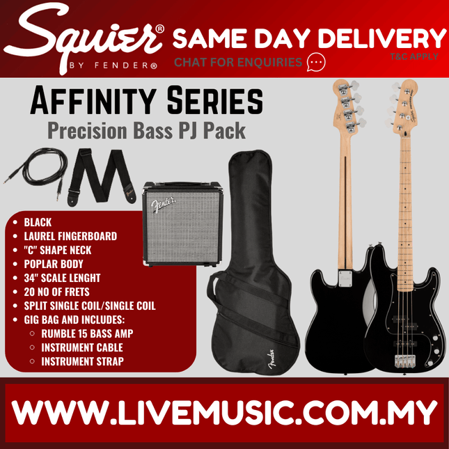 Squier Affinity Series PJ Bass Guitar Pack with Rumble 15 , Maple Fretboard - Black
